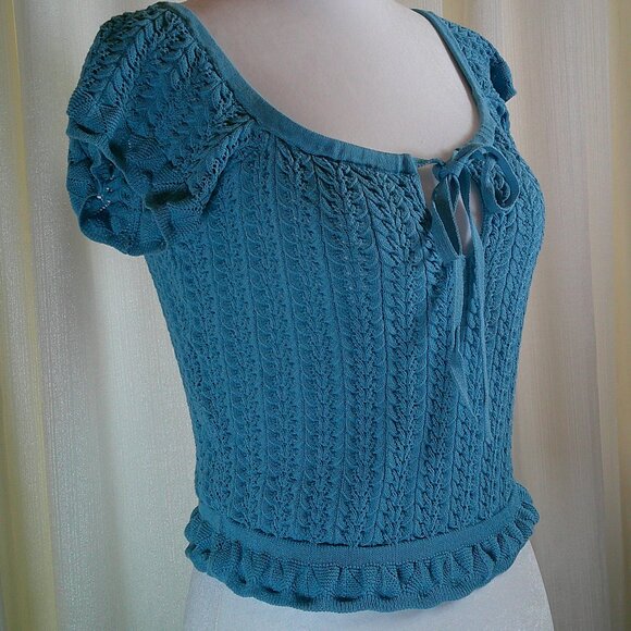 Guess Teal Knit Puff Sleeve Crop Top with Front Tie Size S - Picture 7 of 8